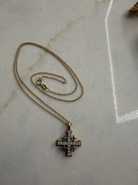 SOLID Gold Cross Pendant Necklace with Real Diamonds- Fine Jewelry, 17” chain